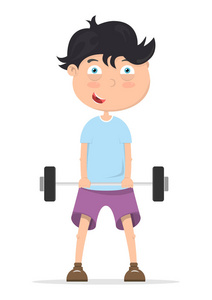 男孩举起重的哑铃, 孩子去运动, 举重, 矢量图像, 平面设计, 卡通人物