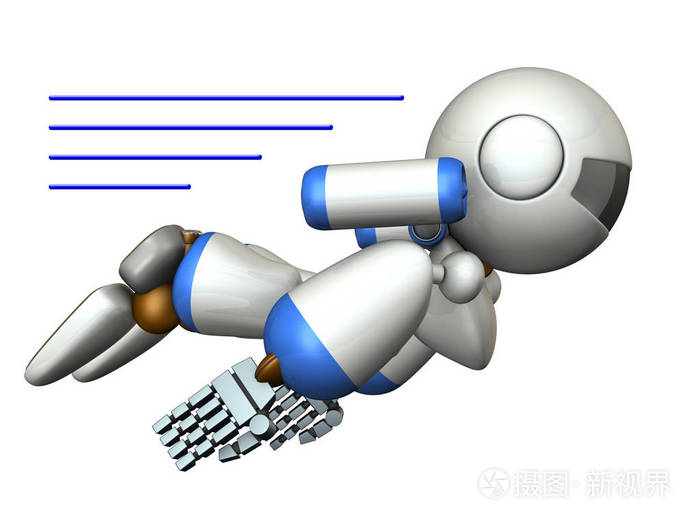 凉爽的机器人在空中飞翔它是强烈的勇敢3d插图