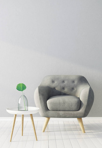 现代客厅与扶手椅。斯堪的纳维亚室内设计家具。3d 渲染插图