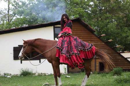 吉普俱乐部美丽的吉普赛在明亮的衣裳在马照片