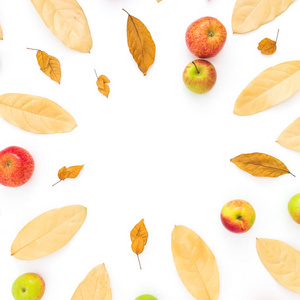 秋季作文。由秋天干燥的叶子和苹果果子在白色背景做的框架。平躺, 顶部视图, 复制空间