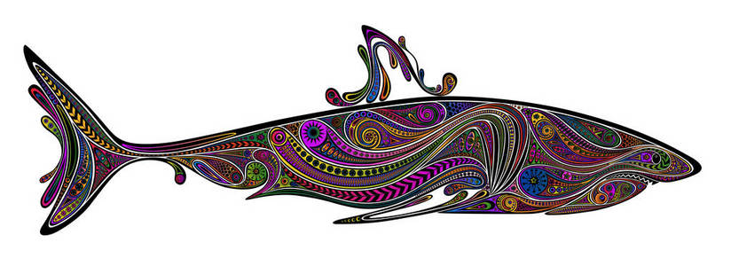 彩色图案的剪影鲨鱼向量