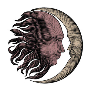 面孔在太阳和月亮手绘古董雕刻金钱线细节样式为纹身照片