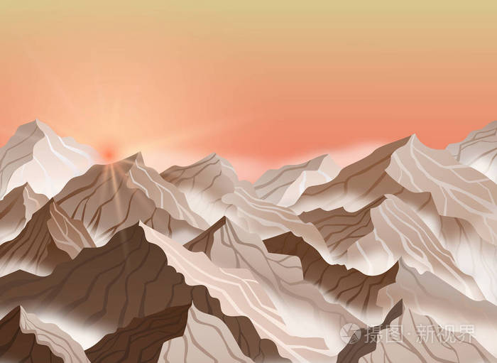 山风景的向量例证以日出或日落。雾褐色悬崖