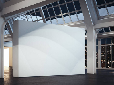 现代画廊与白色墙壁和大窗口在夜, 3d 渲染