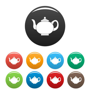 厨房茶壶图标设置颜色矢量