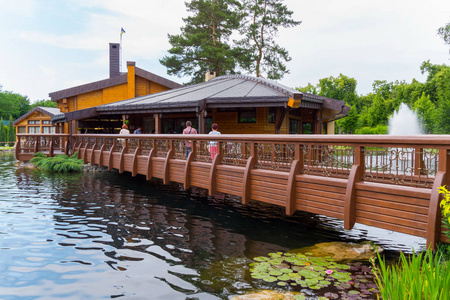 在岸边漂浮的睡莲上穿过池塘的木制铁轨的游客的好桥