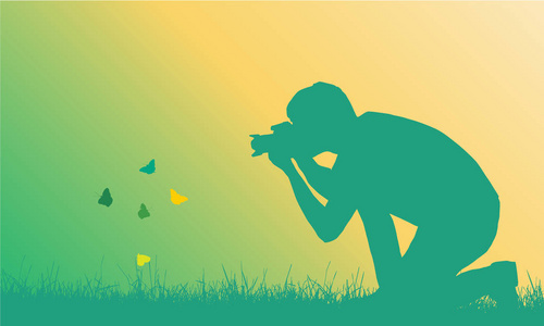 一个年轻男子在草地上拍摄飞蝶的现实例证