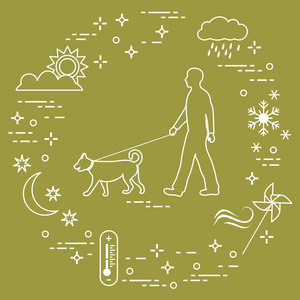 在任何天气下, 男人遛狗都是拴着皮带的。太阳, 云彩, 雨, 风, 风车, 雪花, 温度计, 月, 星
