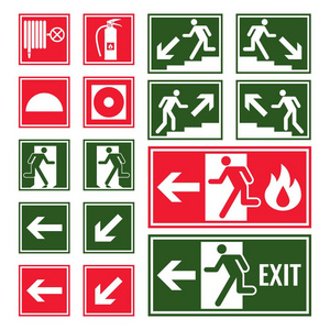 绿色和红色颜色的疏散和紧急标志