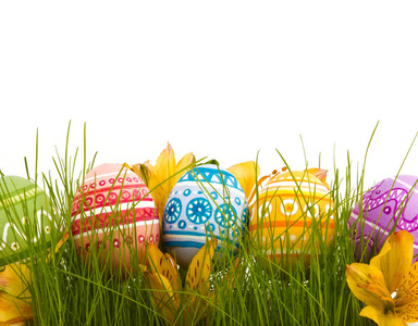 行的复活节彩蛋与新鲜的绿色草地上的雏菊
