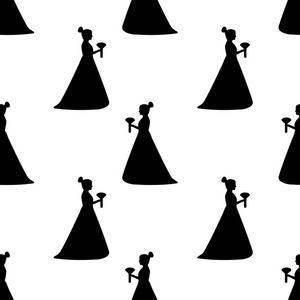 无缝图案与黑色剪影新娘在白色背景。矢量插图
