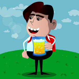 帅气男生插画男生喝啤酒.矢量卡通人物插画照片