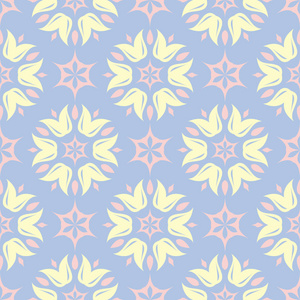 花卉无缝图案。淡蓝色背景以米色和粉红色的花元素为墙纸纺织品和织品