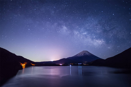 富士山和银河在冬季的湖本栖湖