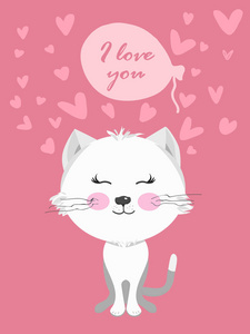 贺卡和海报的版式向量设计与猫, 心脏, 设计模板为生日庆祝。题词我爱你