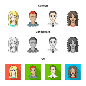 年轻人的不同外貌。头像和脸集图标在卡通, 平面, 单色风格矢量符号股票插画网站