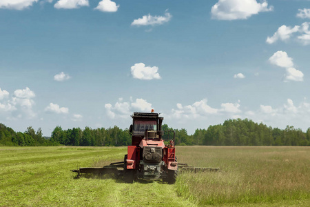 农业机械, 收割机在一片蓝天上割草。干草收获, 草收获。收获季节, 草, 农地