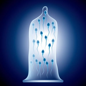 避孕概念设计, 在蓝色梯度背景下的避孕套精子照片