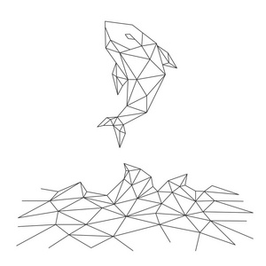 鱼跳上波浪线框多边形框架结构, 水生海洋生物概念设计, 可编辑描边