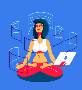 一个有平板电脑的女孩从事瑜伽。