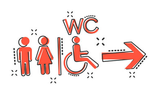 矢量卡通 Wc, 卫生间图标的漫画风格。男女洗手间标志插图象形文字。Wc 业务飞溅效应概念