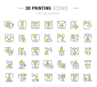 一套矢量线图标和标志与黄色正方形的3d 印刷为优秀的概念。图表徽标和象形图的集合