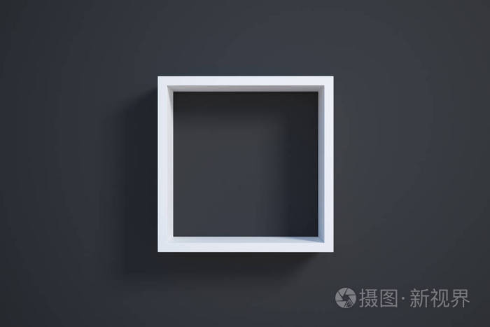 白色正方形图片框架在黑墙壁背景.3d 渲染