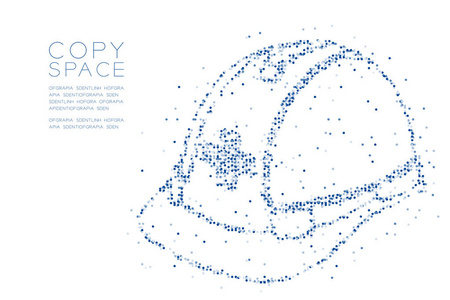 抽象几何圆点像素图案头盔结构形状, 安全第一概念设计蓝色插图白色背景与复制空间, 矢量 eps 10