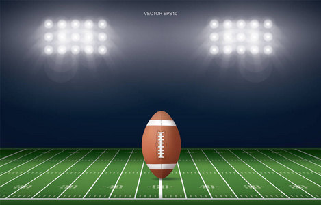 橄榄球在橄榄球场体育场背景。美国橄榄球场的透视线模式。矢量插图