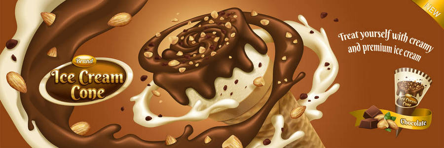 巧克力冰淇淋锥形广告与酱和坚果围绕它旋转, 3d 插图