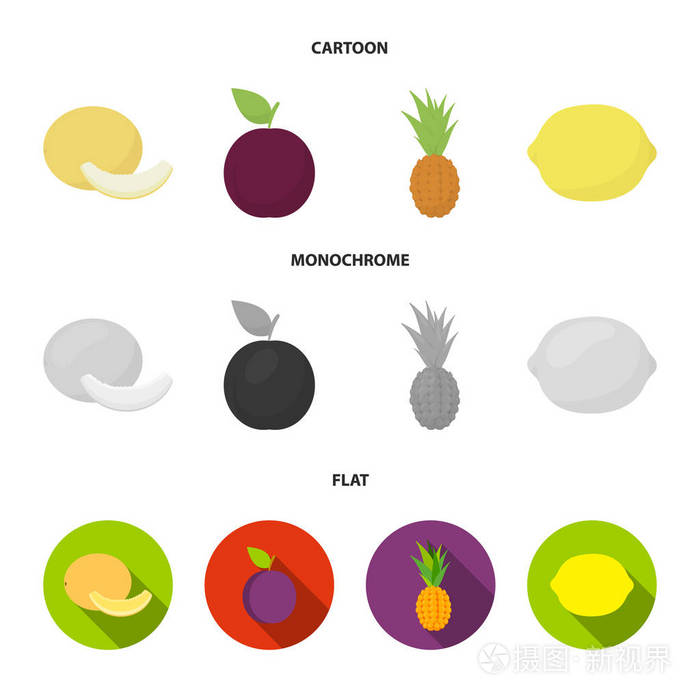 水果集合图标在卡通, 平面, 单色风格矢量符号股票插画网站