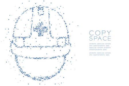 抽象几何圆点像素图案头盔结构形状, 安全第一概念设计蓝色插图白色背景与复制空间, 矢量 eps 10