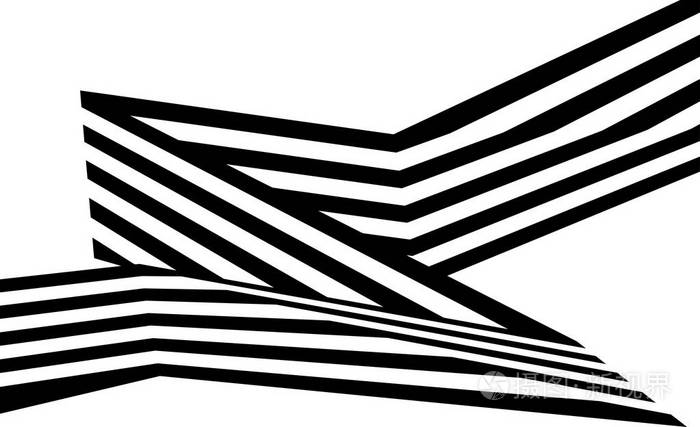 白色背景上的黑色和白色条纹弯曲的带状几何形状