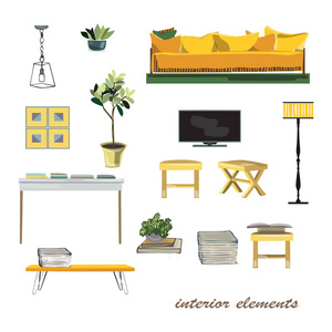 室内设计元素插图。家具收藏。柔和的颜色平面矢量隔离