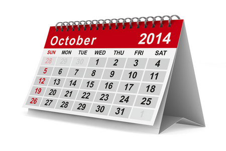 2014 年日历。10 月。孤立的 3d 图像