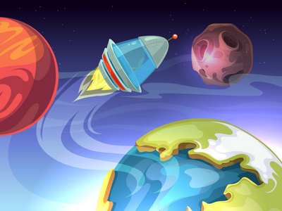空间矢量卡通漫画背景与宇宙飞船和行星照片