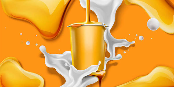 3d 插图中的空白容器溅蜂蜜酸奶