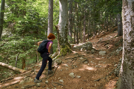 女人徒步旅行者背包在山上的小路上