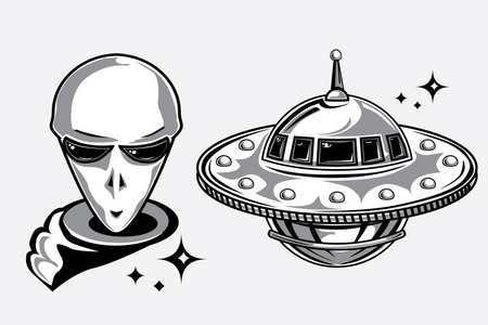 量子头外星人头和飞碟宇宙飞船, 矢量插图照片