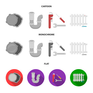 污水舱口, 工具, 散热器。水暖套装集合图标卡通, 平面, 单色矢量符号股票插画网站