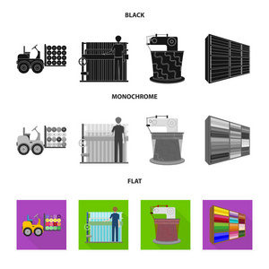 设备机器叉车等网页图标以黑色平单色的风格。纺织, 工业, 组织, 图标集合收藏