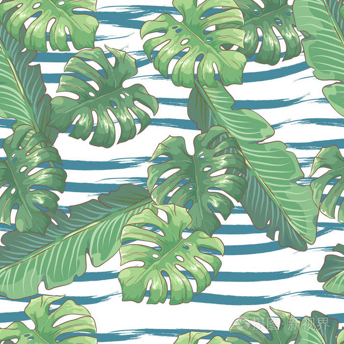 热带无缝图案与棕榈叶的抽象背景.外来矢量背景