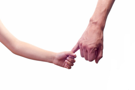 父亲和孩子手分离在白色背景上照片