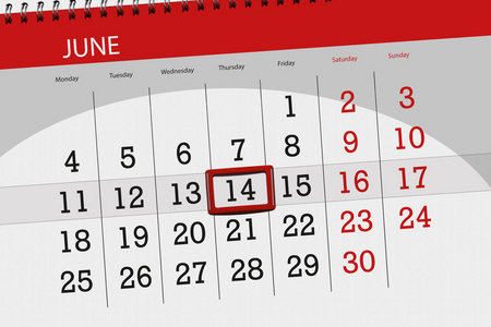 日历规划器的月份, 截止日的一周, 星期四, 2018 6月14日
