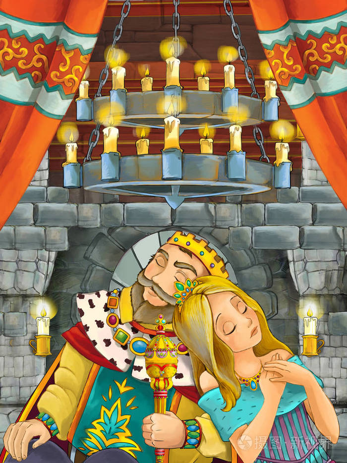快乐卡通场面与王子或国王和公主或女王与他们的小孩子在城堡房间