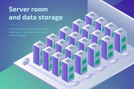 数据中心和云计算概念。网站网页设计。技术云3d 等距向量图