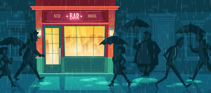 矢量背景与酒吧, 夜咖啡馆在雨中