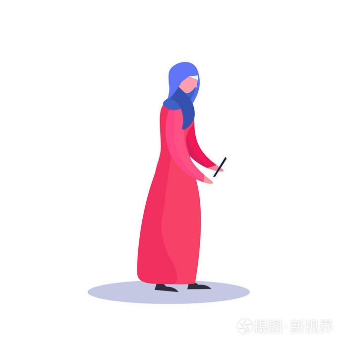 使用智能手机女性卡通人物独立的阿拉伯女性形象全长平
