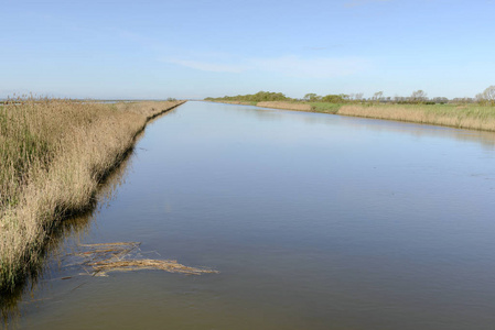 在湖中的通航运河, 在明亮的春天阳光下拍摄的 Comacchio, 费拉拉, 意大利